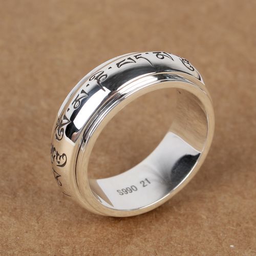 Handmade S990 Silver Om Mani Padme Hum Fashion Men Women Handmade Tibetan Spinning Ring